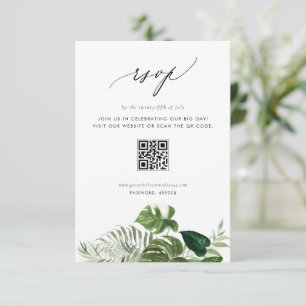 Tarjeta De Confirmación De Asistencia Boda con código QR de vegetación Monstera acuarela