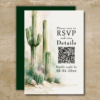 Tarjeta De Confirmación De Asistencia Boda con código QR del desierto suroeste Cactus ac