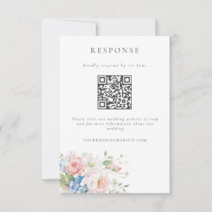 Tarjeta De Confirmación De Asistencia Boda con código QR floral pastel azul y rosa román