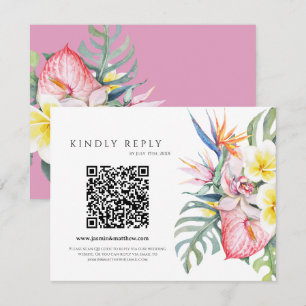 Tarjeta De Confirmación De Asistencia Boda con código QR floral tropical púrpura de Hawá