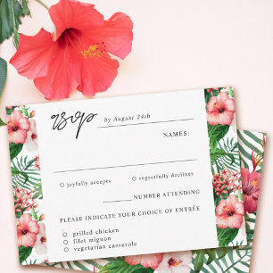 Tarjeta De Confirmación De Asistencia Boda con elección de comida de Hibiscus Tropical a