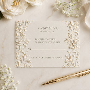 Tarjeta De Confirmación De Asistencia Boda con Elegancia Barroca en letra script marfil