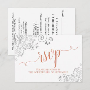 Tarjeta De Confirmación De Asistencia Boda con letra elegante de plata y coral sobre bla
