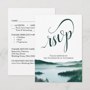Tarjeta De Confirmación De Asistencia Boda con letra elegante y lago de montaña rústico