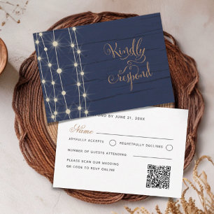 Tarjeta De Confirmación De Asistencia Boda con Luces de Cuerda Rústicas Navy y Oro