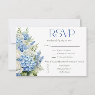 Tarjeta De Confirmación De Asistencia Boda con opción de comida floral de hortensia azul