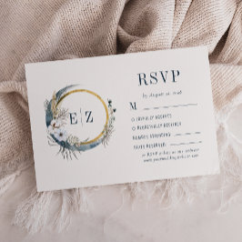 Tarjeta De Confirmación De Asistencia Boda Corona de Monograma Lunar Floral Azul Boho