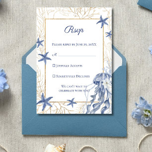 Tarjeta De Confirmación De Asistencia Boda Costera Azul Marino y Dorado