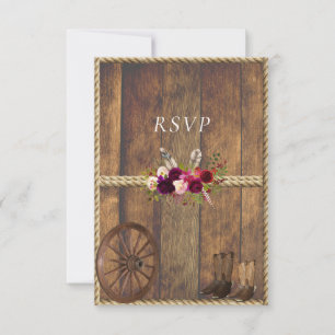 Tarjeta De Confirmación De Asistencia Boda Country Western Rosas Rosadas Plumas Cuerda 