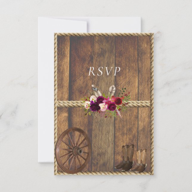 Tarjeta De Confirmación De Asistencia Boda Country Western Rosas Rosadas Plumas Cuerda  (Anverso)