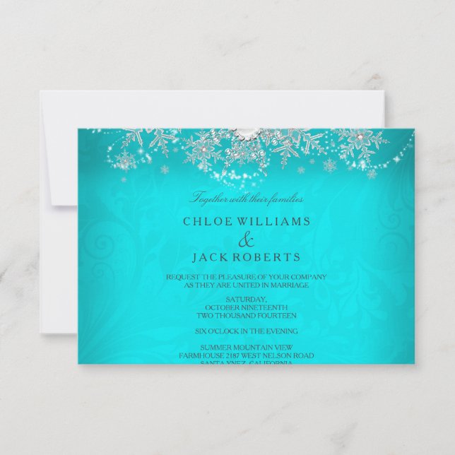 Tarjeta De Confirmación De Asistencia Boda Cristal Teal Perla Copo de Nieve Plateado Inv (Anverso)