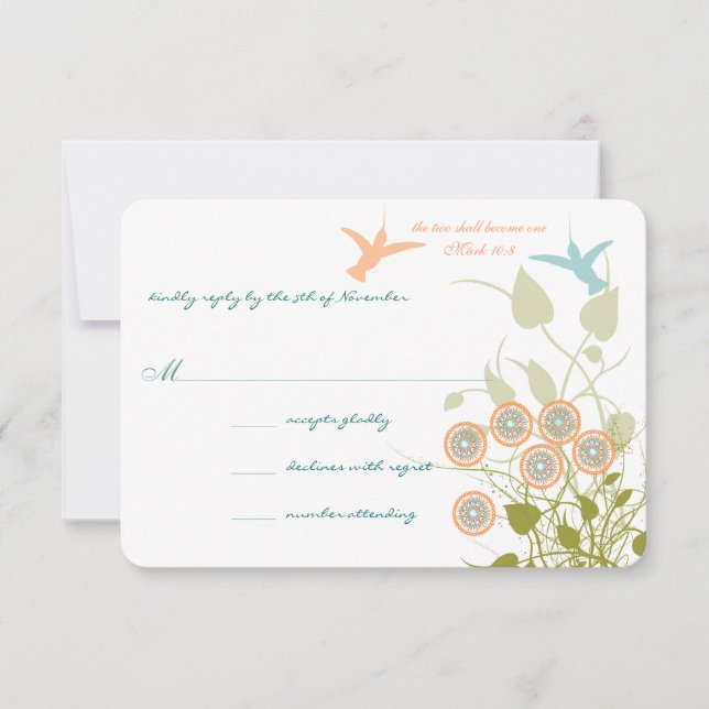Tarjeta De Confirmación De Asistencia Boda cristiano Lovebird Hummingbird Floral (Anverso)
