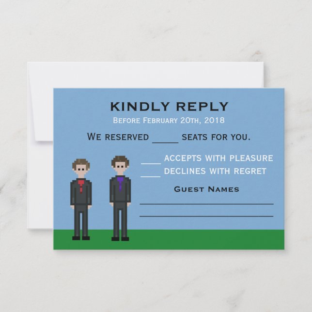 Tarjeta De Confirmación De Asistencia boda de 8 bits Pixel Gamer Groom y Groom (Anverso)