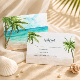 Tarjeta De Confirmación De Asistencia Boda de acuarela de playa costera con palmeras