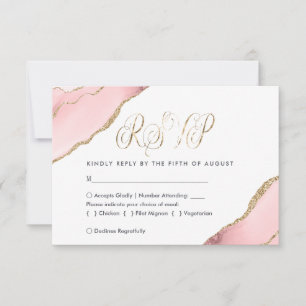 Tarjeta De Confirmación De Asistencia Boda de acuarela elegante de Rubor Pink Gold Agate