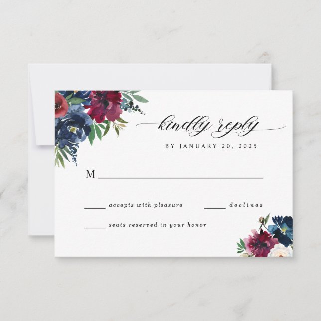 Tarjeta De Confirmación De Asistencia Boda de Acuarela Floral Azul Marino Burgundy (Anverso)