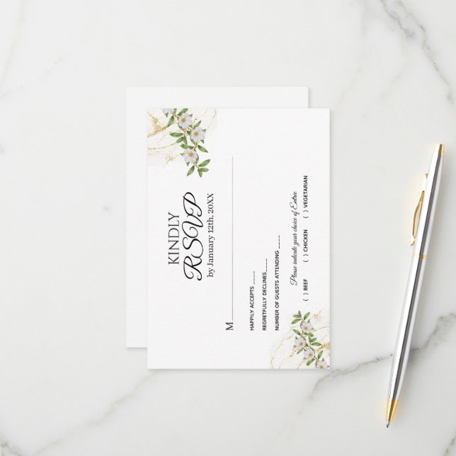 Tarjeta De Confirmación De Asistencia Boda de acuarela floral blanca y verde moderna (Anverso/Reverso In Situ)