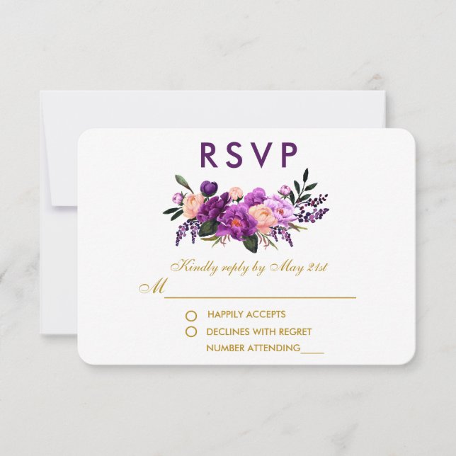 Tarjeta De Confirmación De Asistencia Boda de acuarela floral púrpura ultravioleta G (Anverso)