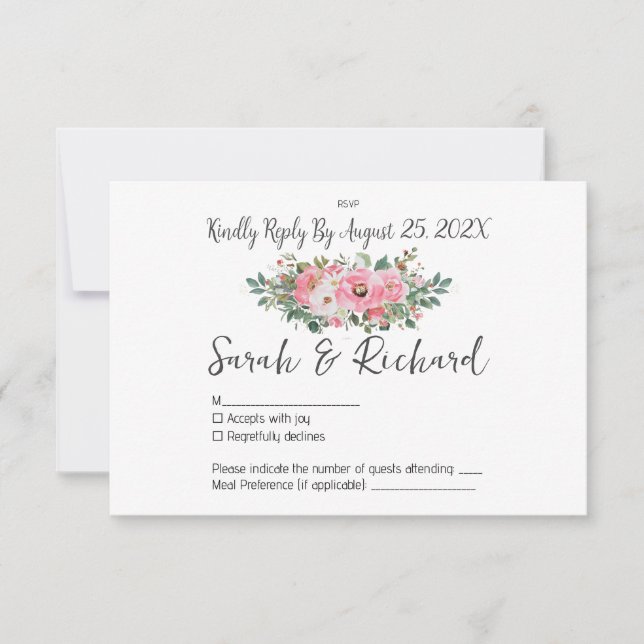 Tarjeta De Confirmación De Asistencia Boda de acuarela floral rosada de verano primavera (Anverso)
