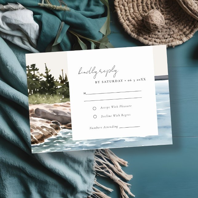 Tarjeta De Confirmación De Asistencia Boda de acuarela Rocky Pine Mountain Seascape (Subido por el creador)