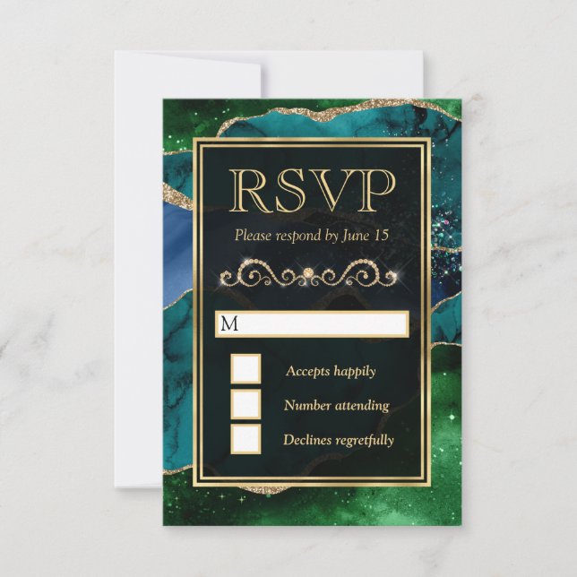 Tarjeta De Confirmación De Asistencia Boda de Ágata con Brillo Teal, Verde y Dorado (Anverso)