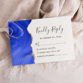 Tarjeta De Confirmación De Asistencia Boda de ágata de acuarela dorada azul real moderna