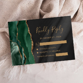 Tarjeta De Confirmación De Asistencia Boda de Ágata de Acuarela Verde Esmeralda Dorado N