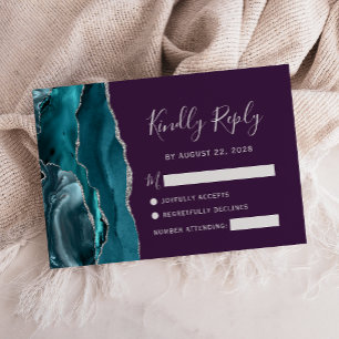 Tarjeta De Confirmación De Asistencia Boda de Ágata Plateada Verde Azul y Púrpura