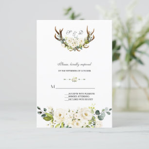 Tarjeta De Confirmación De Asistencia Boda de Antlers de Flores de Crema Blanca de color