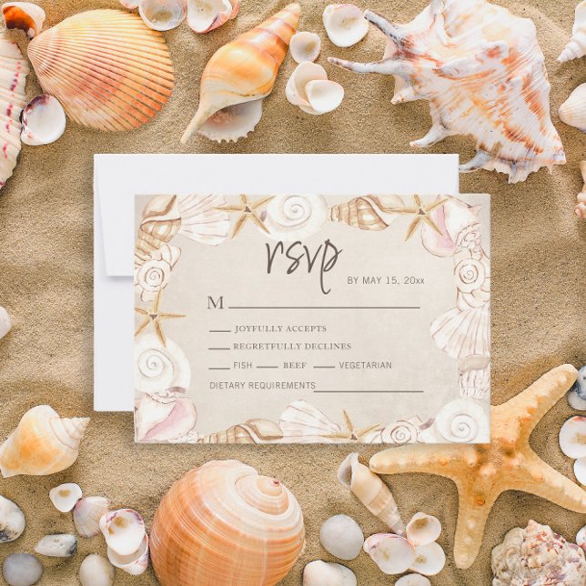 Tarjeta De Confirmación De Asistencia Boda de arena de las marejadas de playa (Beach/sea shell wedding RSVP card)