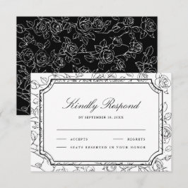Tarjeta De Confirmación De Asistencia Boda de arte de línea floral en blanco y negro vic