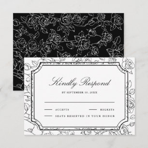 Tarjeta De Confirmación De Asistencia Boda de arte de línea floral en blanco y negro vic