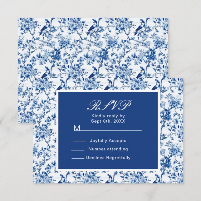 Tarjeta De Confirmación De Asistencia Boda de Aves Azules y Flores Chinoiserie (Anverso / Reverso)