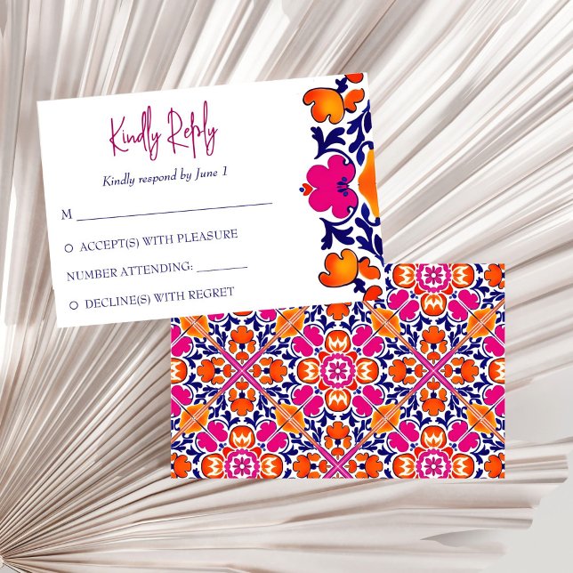 Tarjeta De Confirmación De Asistencia Boda de azulejos azul naranja rosa mexicano (Pink orange blue Mexican Talavera Azulejo tiles wedding RSVP Card wedding invitation suite bold colo)