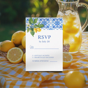 Tarjeta De Confirmación De Asistencia Boda de azulejos azules y limones mediterráneos
