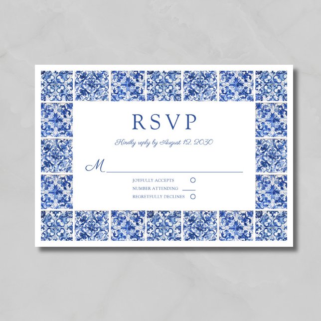 Tarjeta De Confirmación De Asistencia Boda de baldosas azules elegantes (Elegant Blue Tiles Wedding RSVP Card)