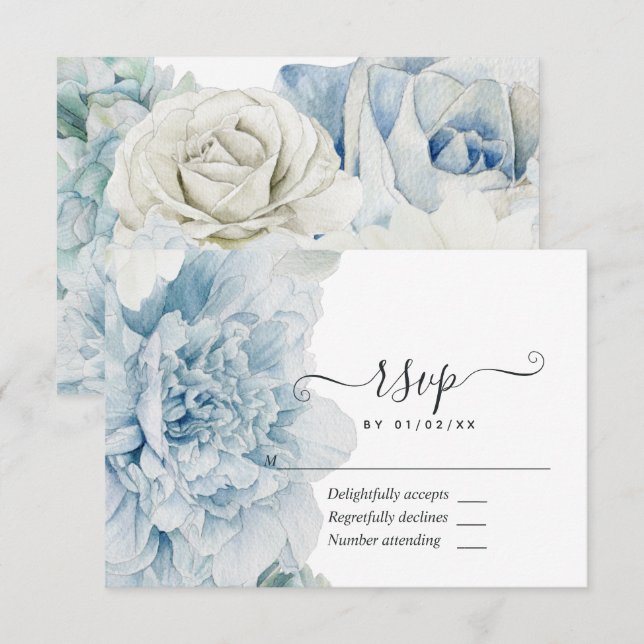 Tarjeta De Confirmación De Asistencia Boda de Blue Peonies (Anverso / Reverso)