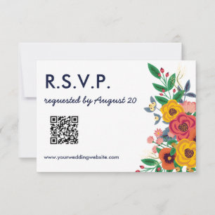 Tarjeta De Confirmación De Asistencia Boda de Boho Azul de la Marina Dorada QR en línea