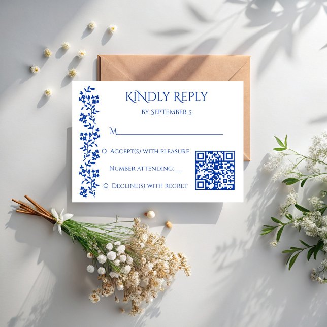 Tarjeta De Confirmación De Asistencia Boda de borde floral azul marino qr (Navy blue vintage floral border wedding qr RSVP cards)
