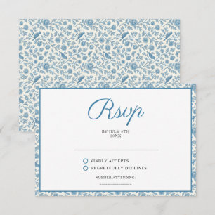 Tarjeta De Confirmación De Asistencia Boda de borde floral Chic Blue Toile de Jouy