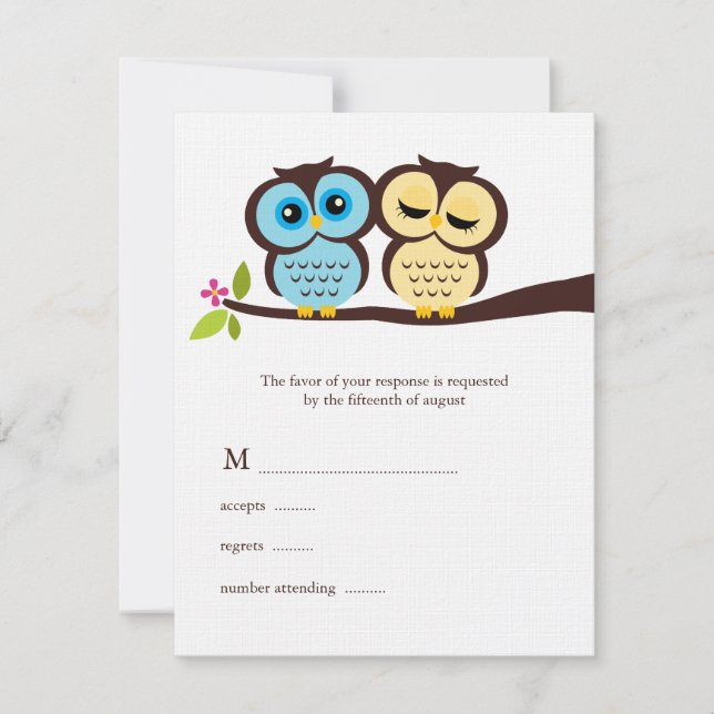 Tarjeta De Confirmación De Asistencia Boda de búhos azules y amarillos (Anverso)