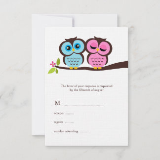 Tarjeta De Confirmación De Asistencia Boda de búhos azules y rosas