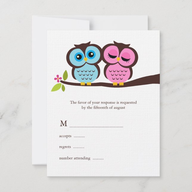 Tarjeta De Confirmación De Asistencia Boda de búhos azules y rosas (Anverso)