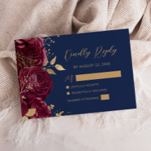 Boda de Burgundy Gold Floral Script Azul Marino