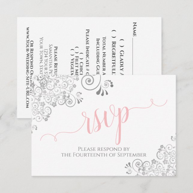 Tarjeta De Confirmación De Asistencia Boda de caligrafía elegante rosa y blanca (Anverso / Reverso)