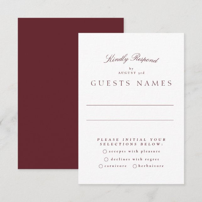 Tarjeta De Confirmación De Asistencia Boda de caligrafía formal clásica maroon borgoña (Anverso / Reverso)