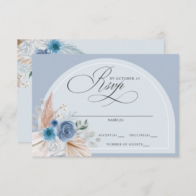 Tarjeta De Confirmación De Asistencia Boda de caligrafía rusa Boho Dusty Blue Pampas (Anverso / Reverso)