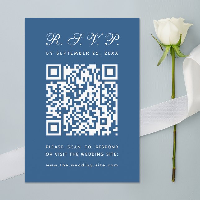 Tarjeta De Confirmación De Asistencia Boda de caligrafía simple de código QR azul clásic (Subido por el creador)