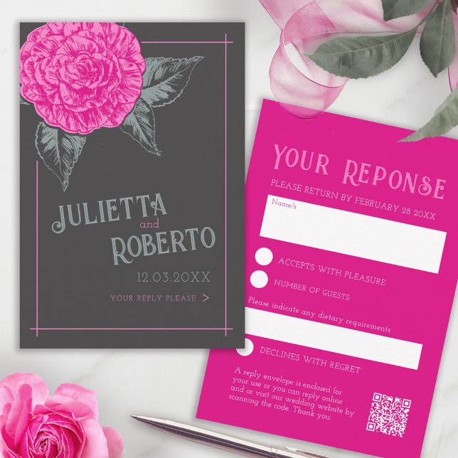 Tarjeta De Confirmación De Asistencia Boda de camellia con tinta marrón rosa (Subido por el creador)