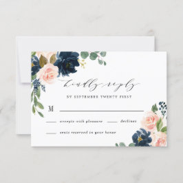 Tarjeta De Confirmación De Asistencia Boda de campo floral rosa azul marina y Rubor